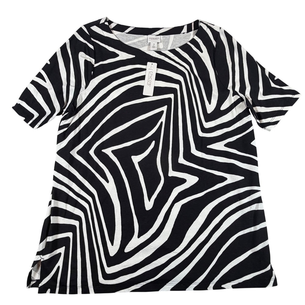 Chicos Weekends Zebra Play Boat Neck Elbow Sleeve Tunic Top Black White Sz 2 (L) - Picture 1 of 7